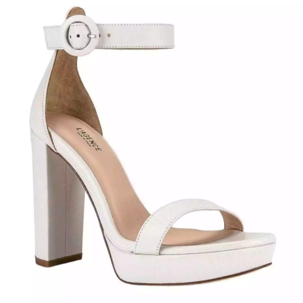 L’Agence Platform Block Heel Sandal Ankle Strap White Leather size‎ 39